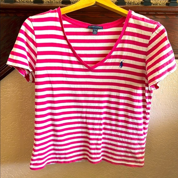 Ralph Lauren Pink and White Striped Casual Preppy Fitted Short Sleeve T-Shirt XL - Picture 1 of 6
